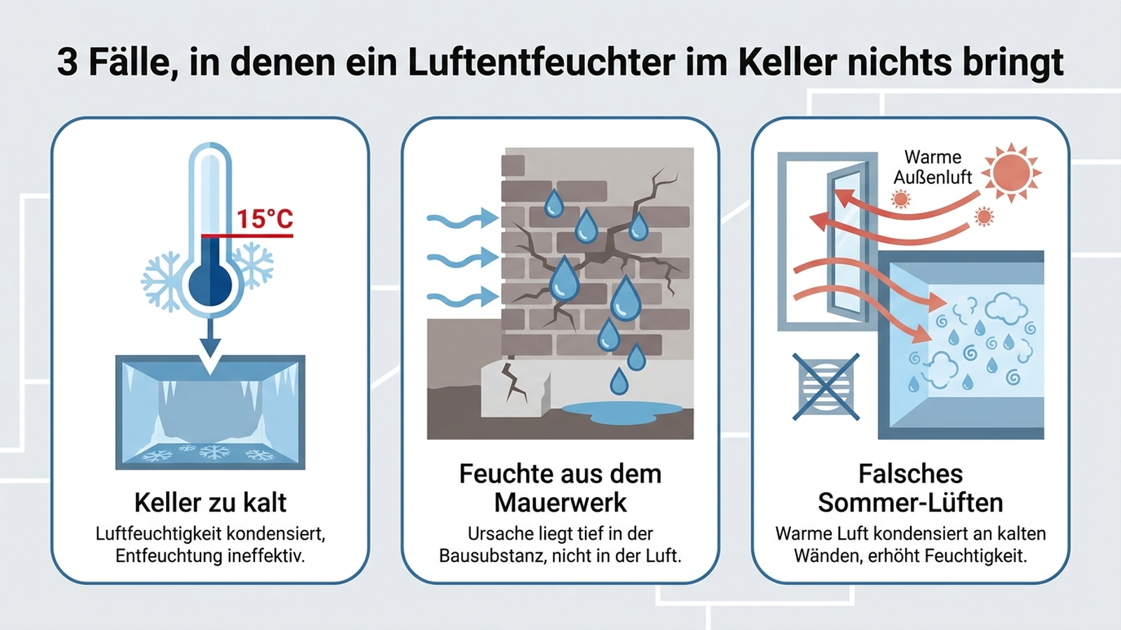 Infografik: Drei Fälle, in denen ein Luftentfeuchter im Keller nichts bringt – zu kalter Raum unter 15 Grad, bauliche Feuchte aus dem Mauerwerk statt Raumluft, falsches Sommerlüften mit warmer Luft am kühlen Keller