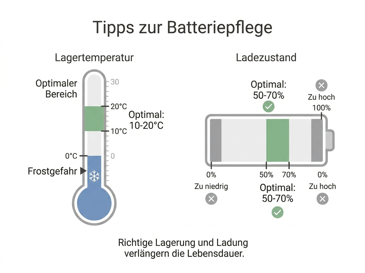 Diagramm: Optimale Bedingungen für die Akku-Winterlagerung von Mährobotern – Temperaturbereich und Ladezustand