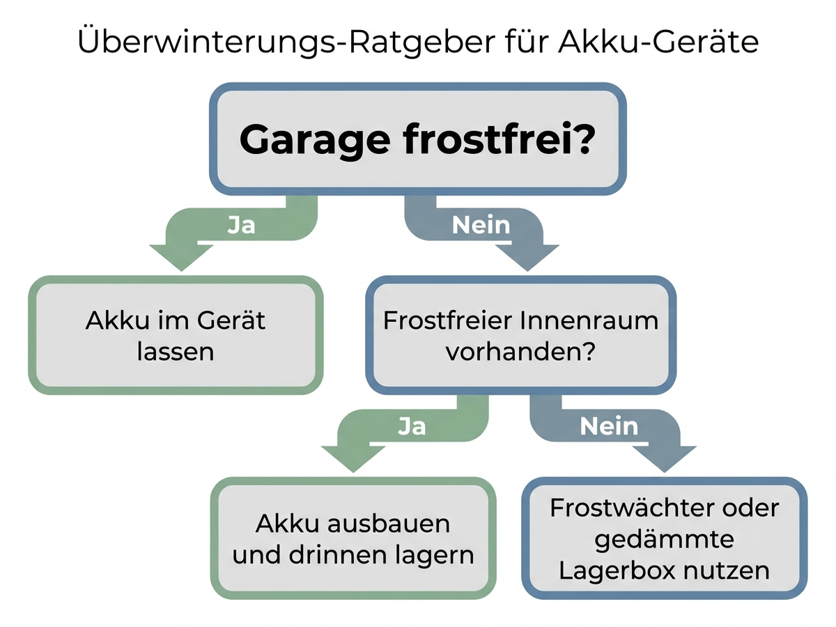 Entscheidungsbaum: Muss der Mähroboter-Akku ausgebaut werden – abhängig von Lagerort und Herstellerangabe