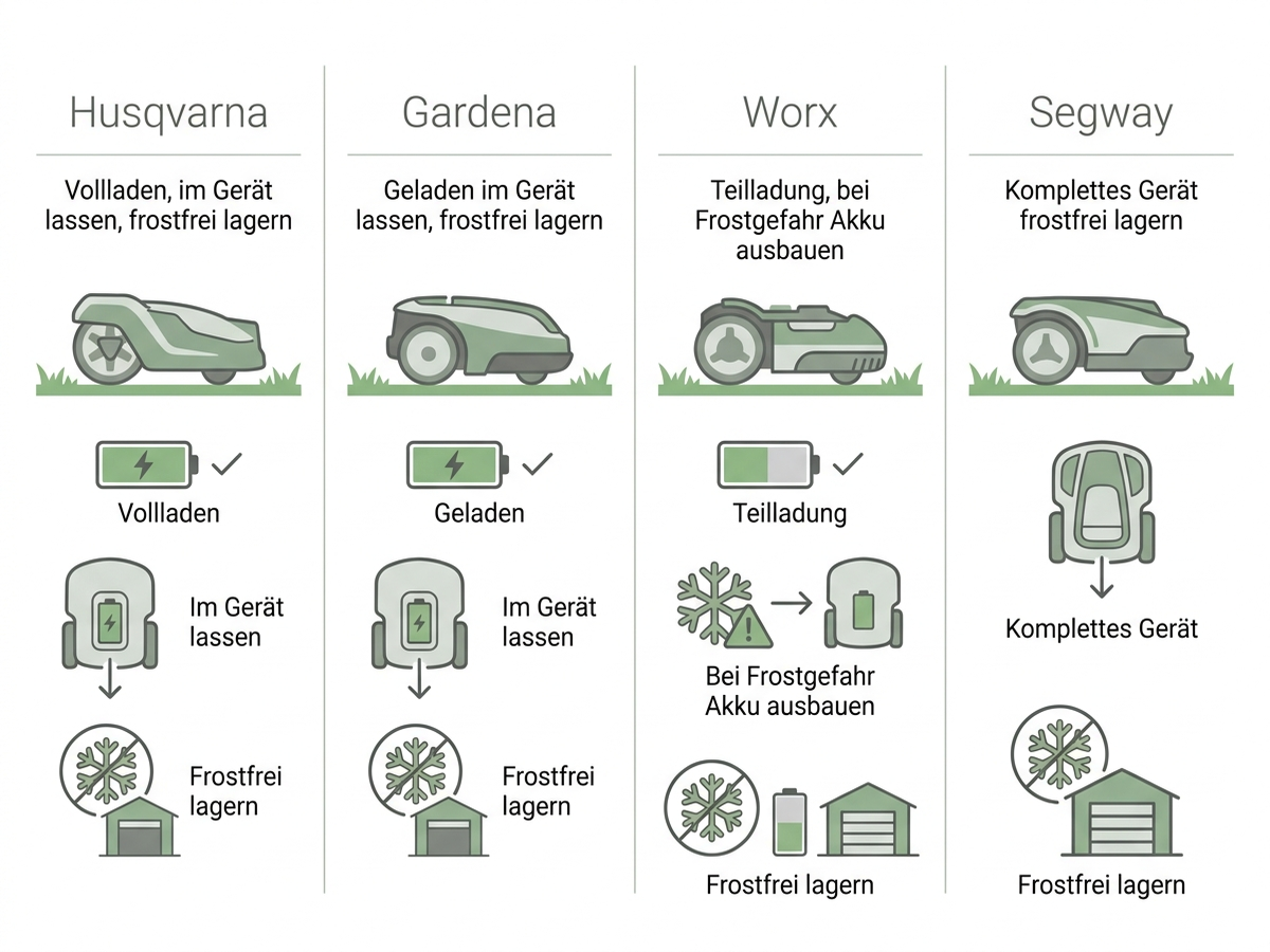 Infografik: Winterlagerungs-Empfehlungen von vier Mähroboter-Herstellern im Vergleich – Husqvarna, Gardena, Worx und Segway