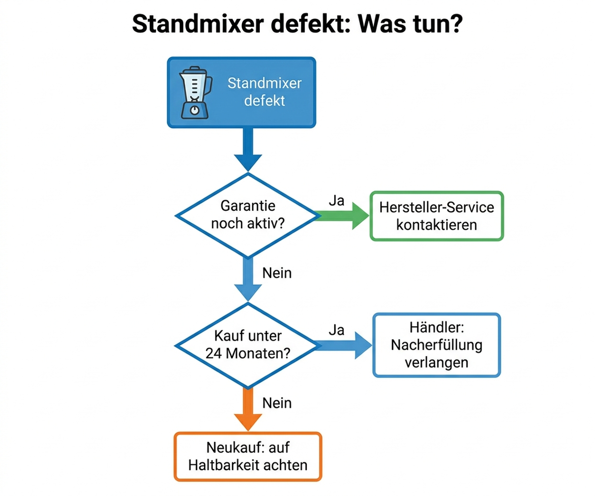 Entscheidungsbaum: Defekter Standmixer – Garantie prüfen, Gewährleistung nutzen oder Neukauf