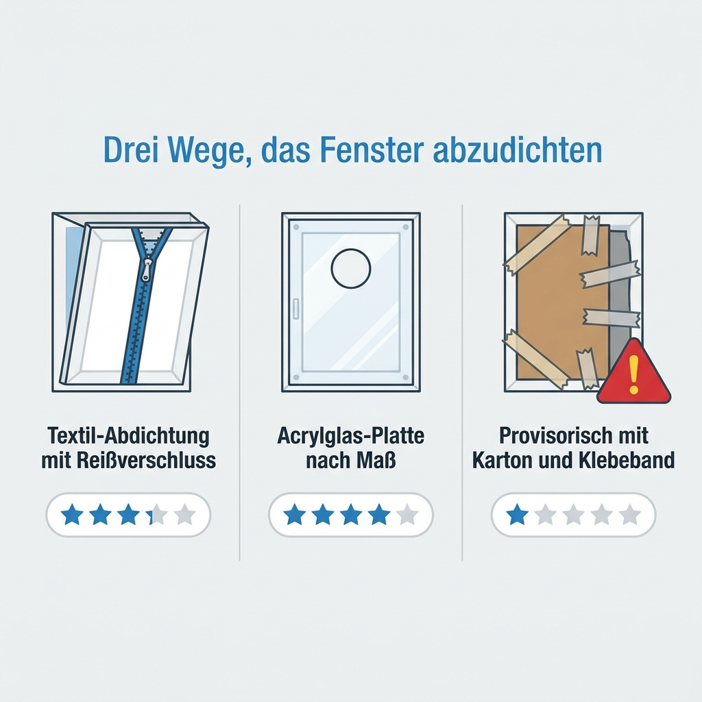 Infografik: Drei Wege, das Fenster abzudichten – Textil mit Reißverschluss, Acrylglas-Platte nach Maß, provisorisch mit Karton
