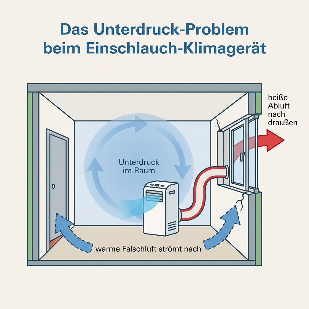 Infografik: Das Unterdruck-Problem beim Einschlauch-Klimagerät – heiße Abluft nach draußen, warme Falschluft strömt durch Ritzen nach