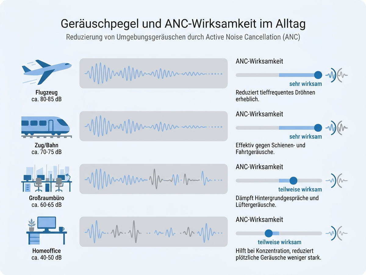 Diagramm zu typischen Geräuschpegeln und ANC-Wirksamkeit in Flugzeug, Zug, Großraumbüro und Homeoffice