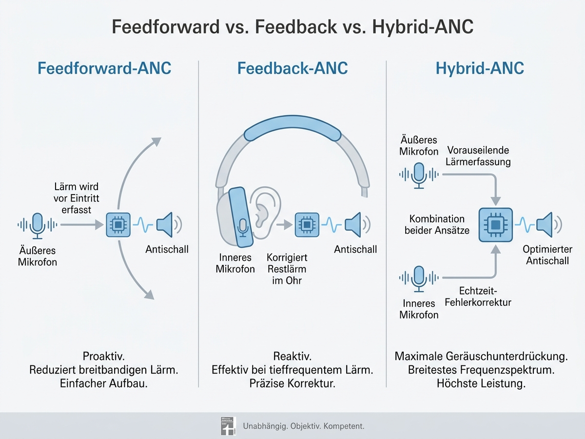 Infografik zum Unterschied zwischen Feedforward-, Feedback- und Hybrid-ANC