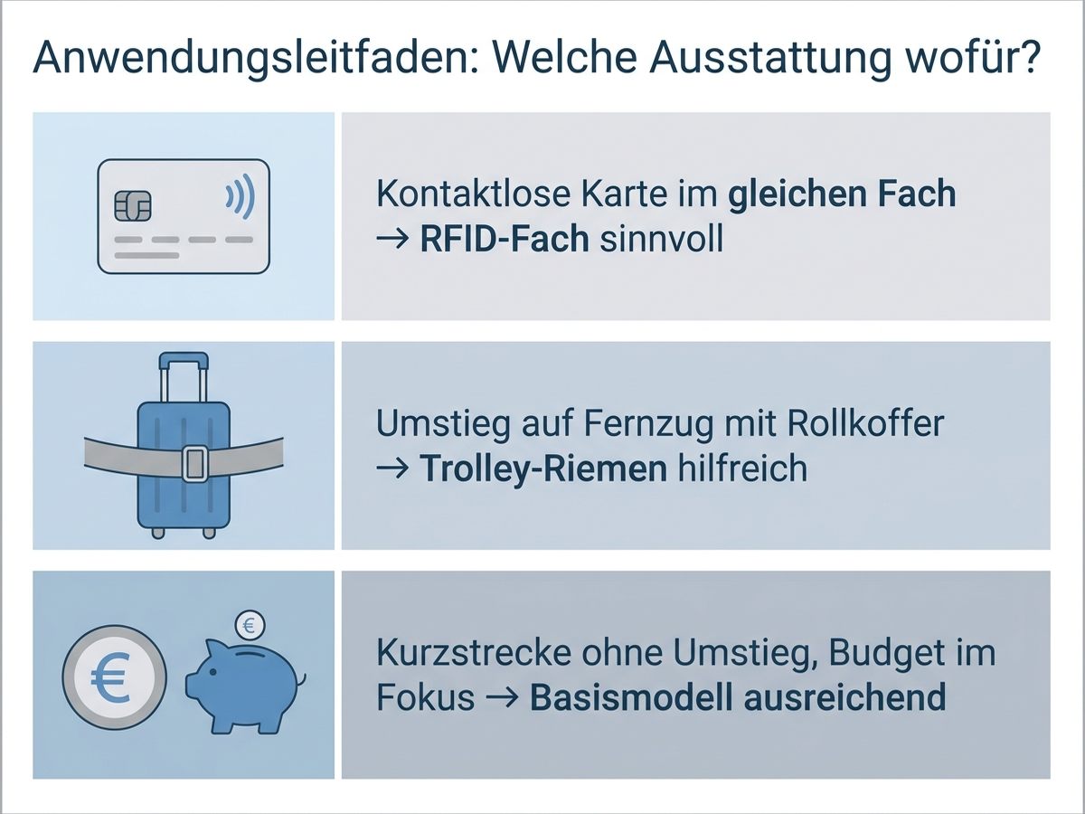 Infografik: Anwendungsleitfaden für Laptoptaschen im ÖPNV-Alltag – Entscheidungskriterien RFID-Bedarf, Trolley-Umstieg und Budget mit Modellempfehlung