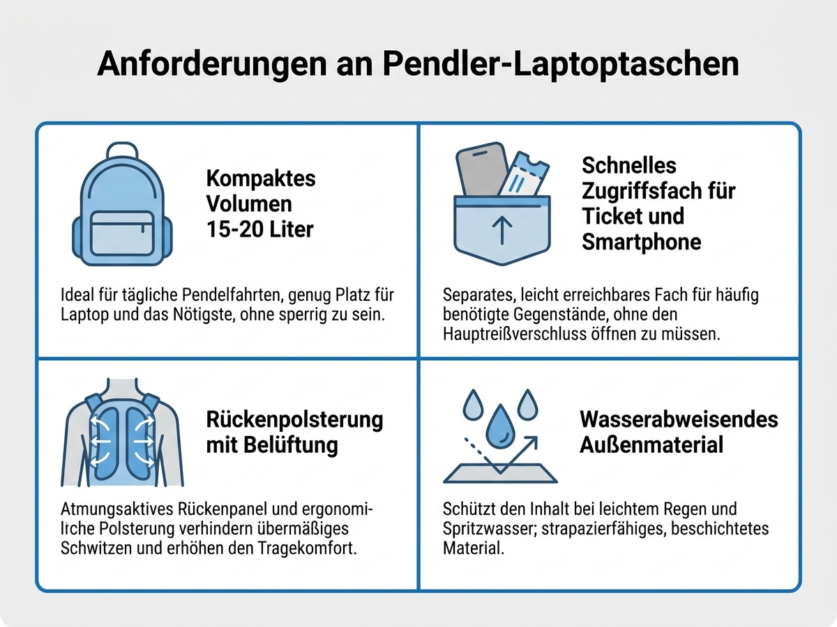 Infografik: Vier Anforderungen an Laptoptaschen für ÖPNV-Pendler im Vergleich zu Büro- und Reisenutzung – Volumen, Zugriffszeit, Rückenpolsterung und Wetterfestigkeit