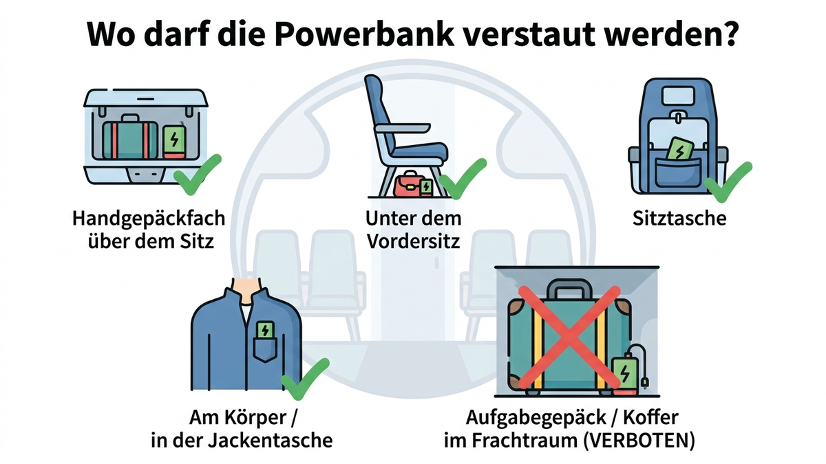 Piktogramm-Übersicht, wo eine Powerbank im Flugzeug verstaut werden darf: Sitztasche, unter dem Sitz und am Körper erlaubt, Aufgabegepäck verboten