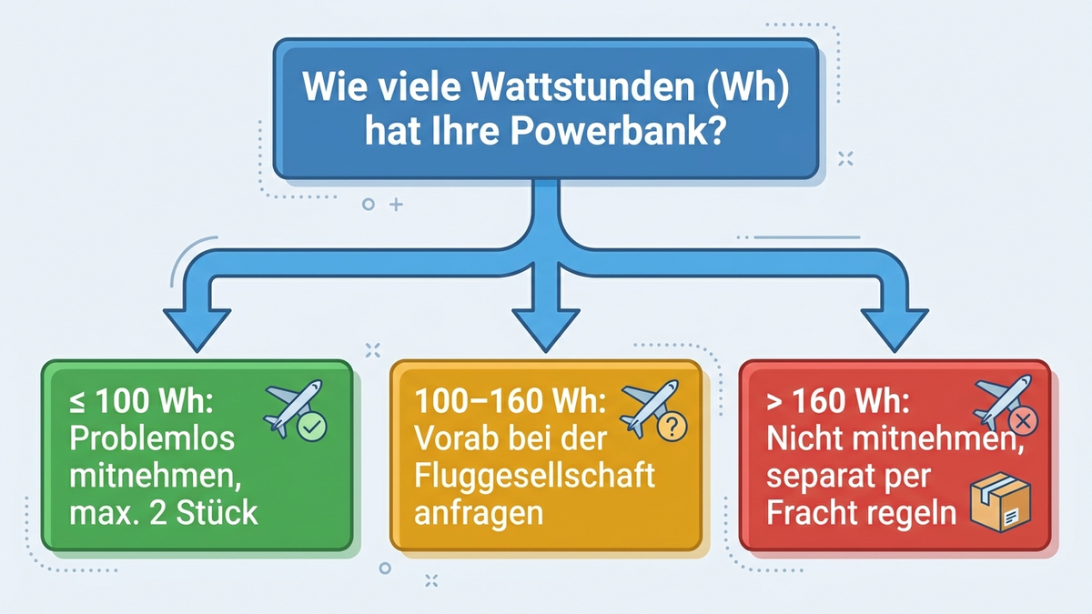 Entscheidungsbaum: Wie viele Wattstunden hat die Powerbank – bis 100 Wh problemlos, 100 bis 160 Wh mit Genehmigung, über 160 Wh nicht mitnehmen