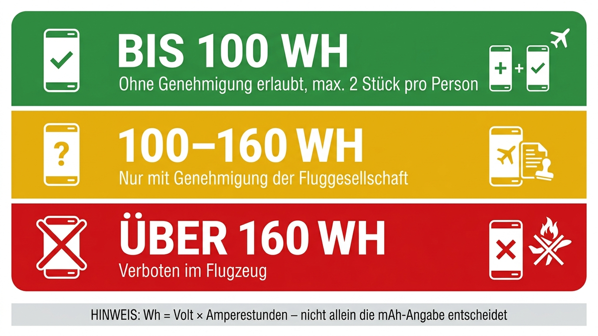 Infografik mit Ampel-System zu Wattstunden-Grenzwerten für Powerbanks im Flugzeug: grün bis 100 Wh, gelb 100 bis 160 Wh, rot über 160 Wh