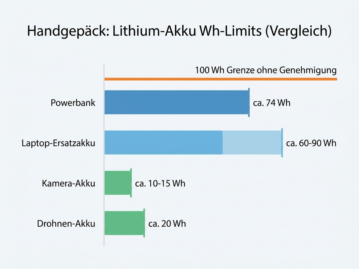 Vergleichsdiagramm der Wattstunden-Grenzwerte für Powerbank, Laptop-Ersatzakku, Kamera-Akku und Drohnen-Akku mit deutschen Beschriftungen