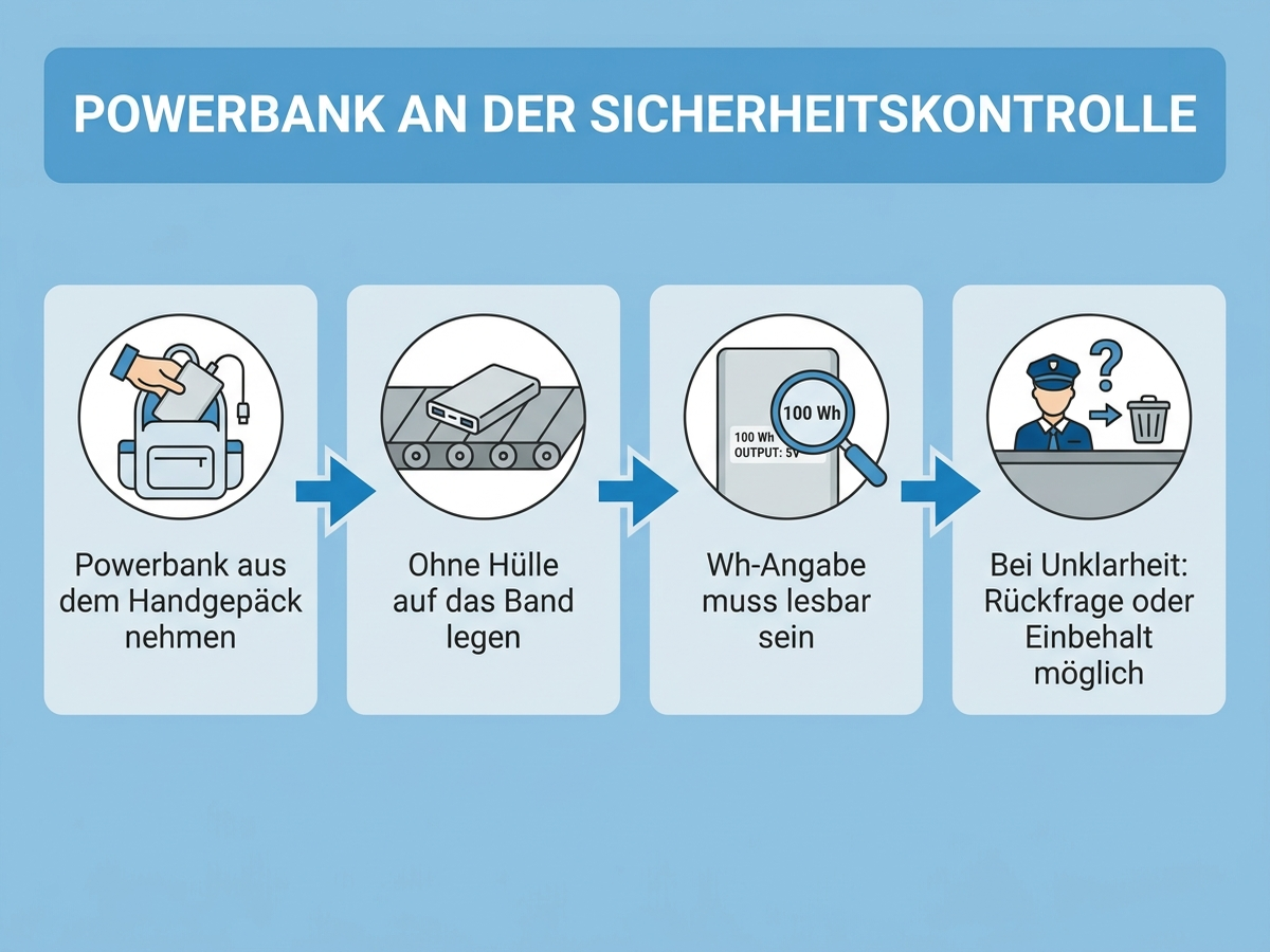 Vierstufiges Ablaufdiagramm zur Powerbank-Kontrolle am Flughafen: aus dem Handgepäck nehmen, ohne Hülle aufs Band legen, Wh-Angabe muss lesbar sein, bei Unklarheit Rückfrage oder Einbehalt
