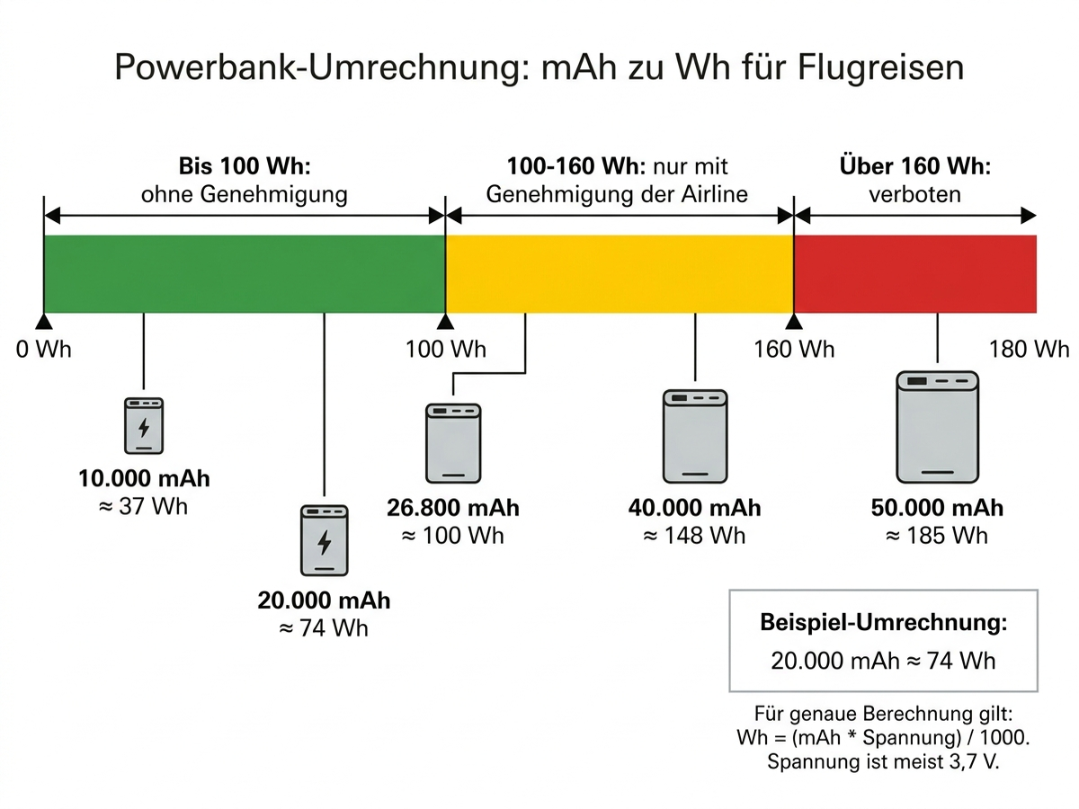 Infografik zur Umrechnung von Milliamperestunden in Wattstunden mit Ampel-Farben für die Grenzwerte 100 und 160 Wattstunden