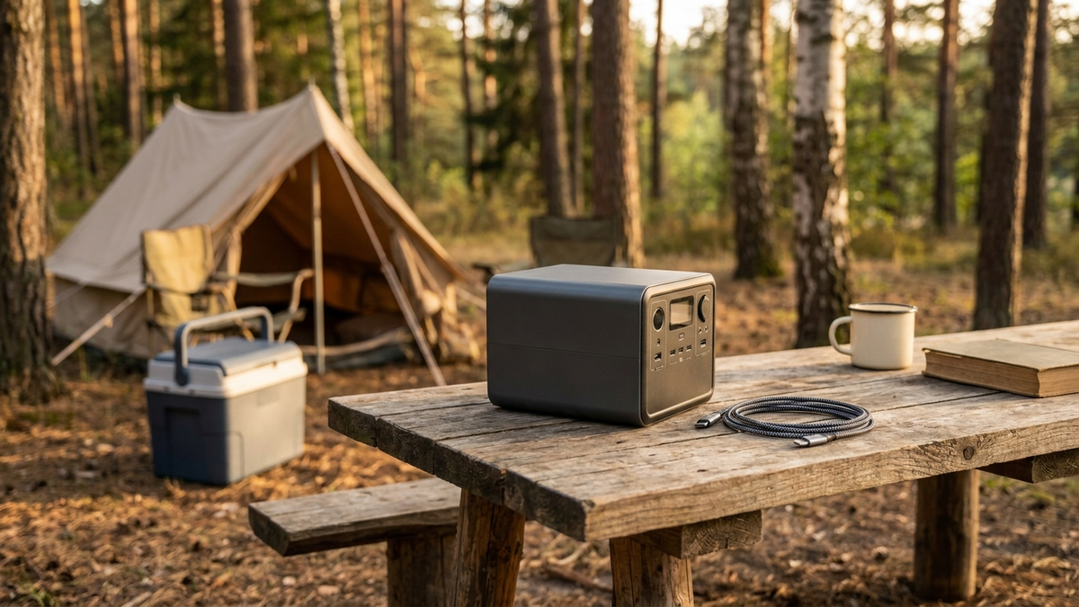 Kompakte Powerstation auf einem Holztisch vor einem Zelt auf einem europäischen Waldcampingplatz im Abendlicht