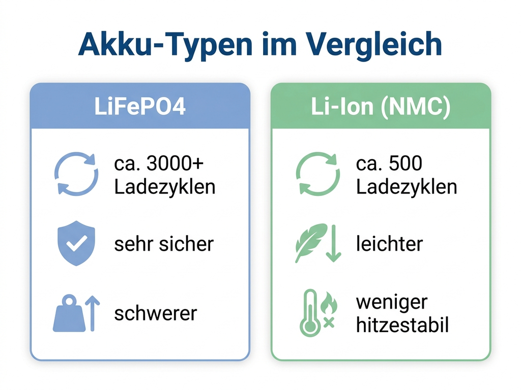 Infografik: Akku-Typen im Vergleich – LiFePO4 gegen Li-Ion (NMC) mit Ladezyklen, Sicherheit und Gewicht