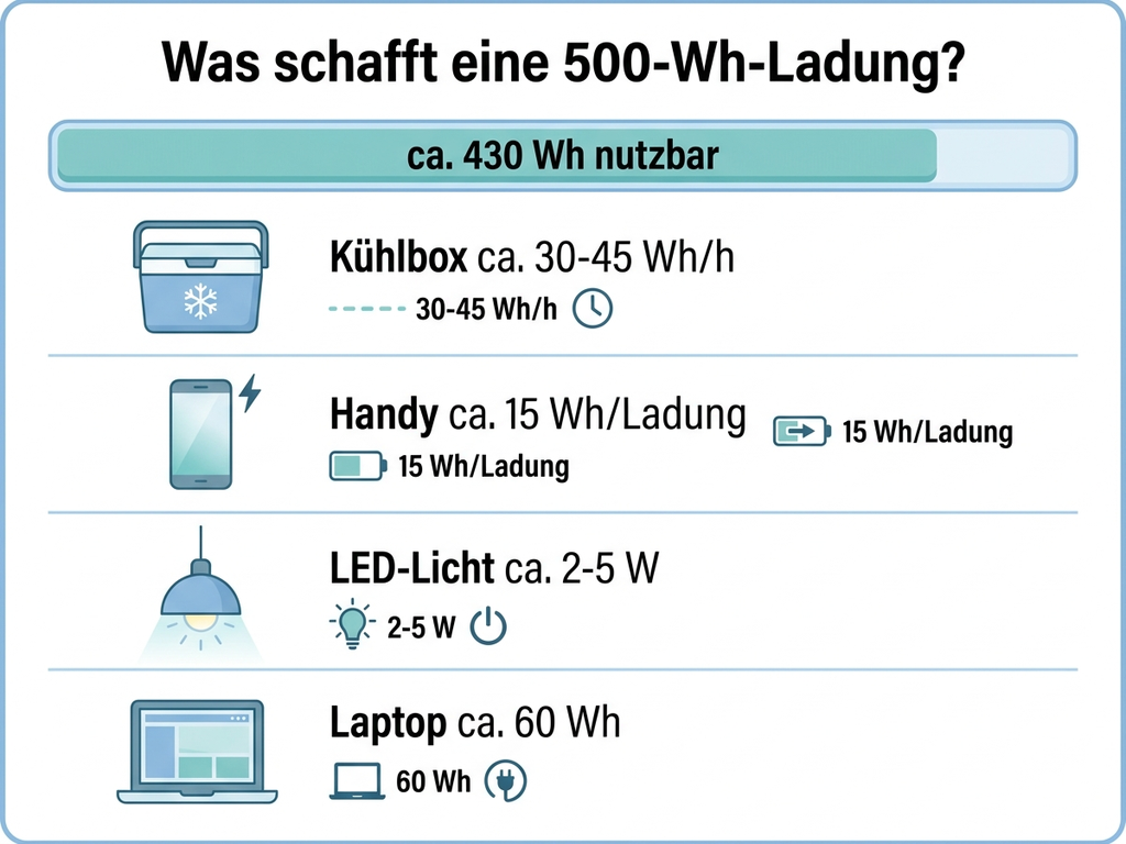 Infografik: Was schafft eine 500-Wh-Ladung – Kühlbox, Handy, LED-Licht und Laptop mit Verbrauchswerten