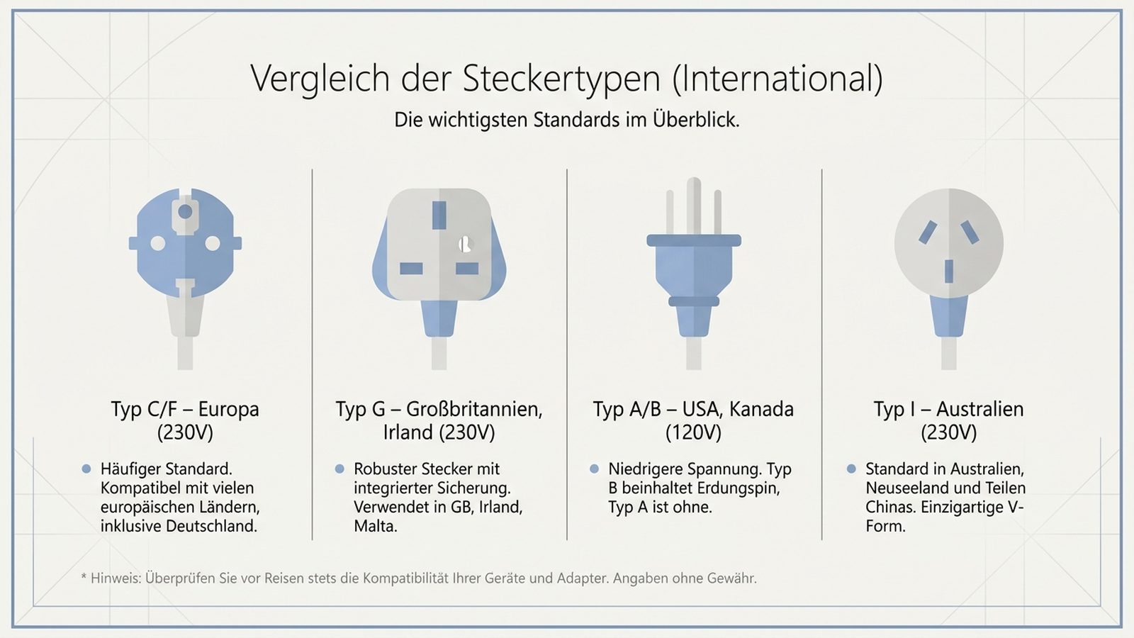 Infografik: Vergleich der Steckdosentypen Typ C/F Europa, Typ G Großbritannien, Typ A/B USA und Typ I Australien mit Spannungsangabe