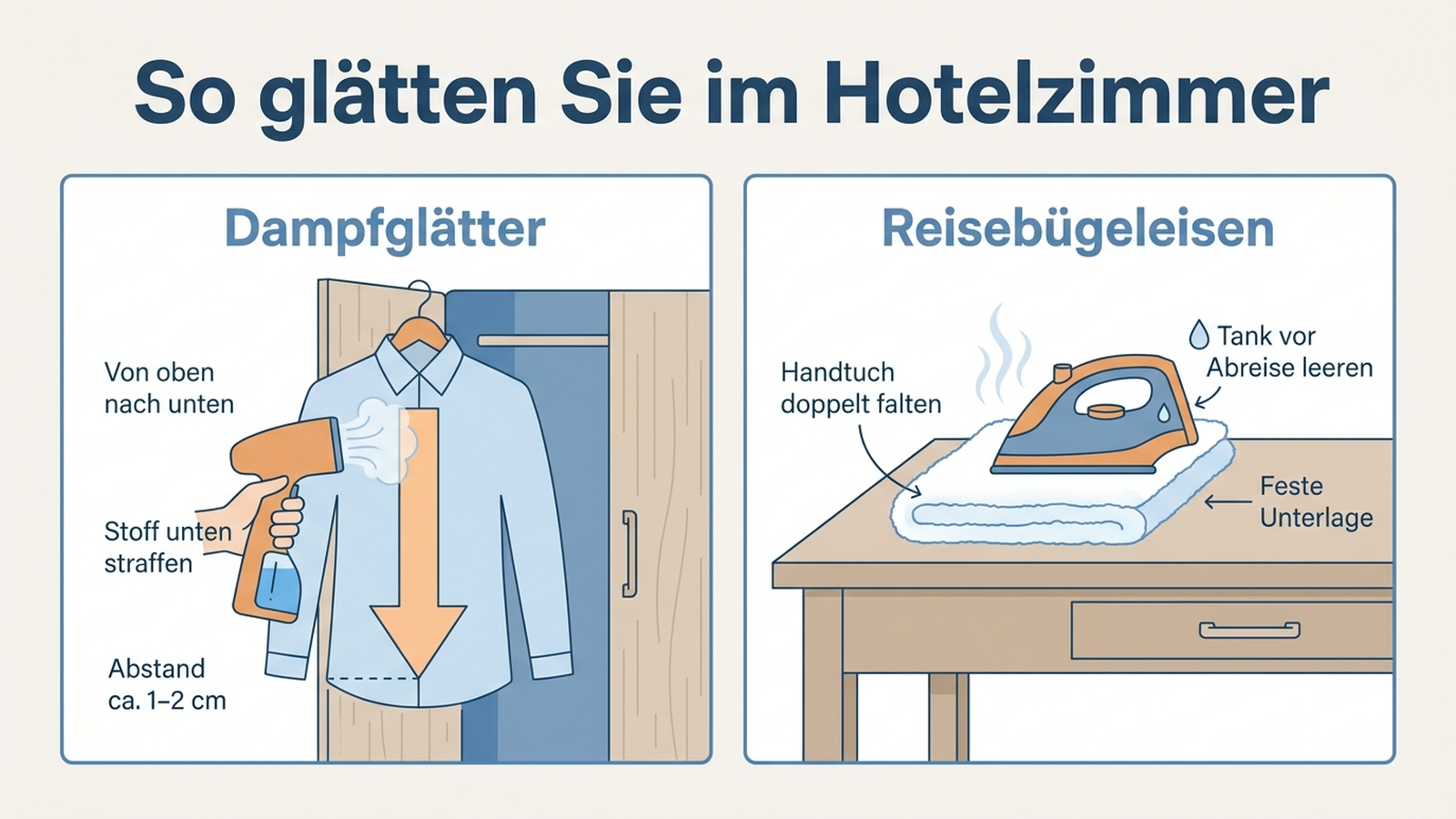 Anwendungsdiagramm: Dampfglätter am hängenden Hemd und Reisebügeleisen auf Handtuch-Unterlage, mit deutschen Beschriftungen