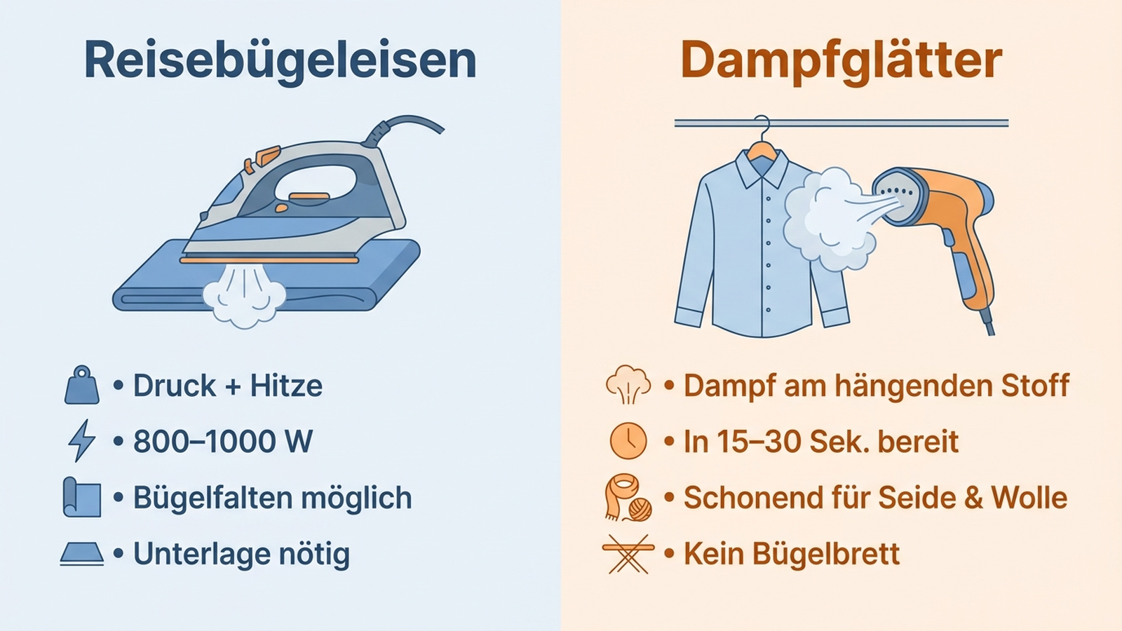 Infografik: Technikvergleich Reisebügeleisen und Dampfglätter mit deutschen Beschriftungen