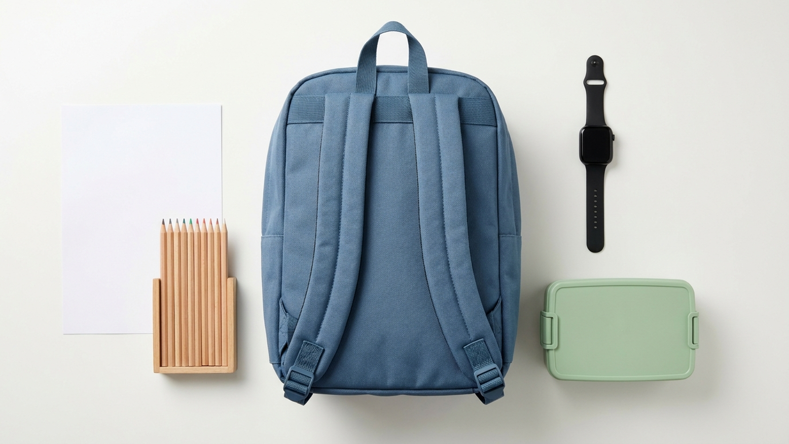 Flat-Lay-Aufnahme eines Schulranzens, einer Kinder-Smartwatch, einer Brotdose und Buntstiften auf einem hellen Tisch