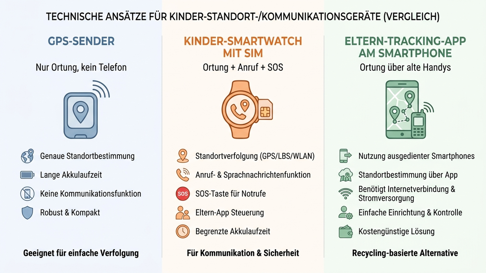 Infografik: Vergleich von GPS-Sender, Kinder-Smartwatch mit SIM und Eltern-Tracking-App am Smartphone anhand von Ortung, Kommunikation und Akkulaufzeit