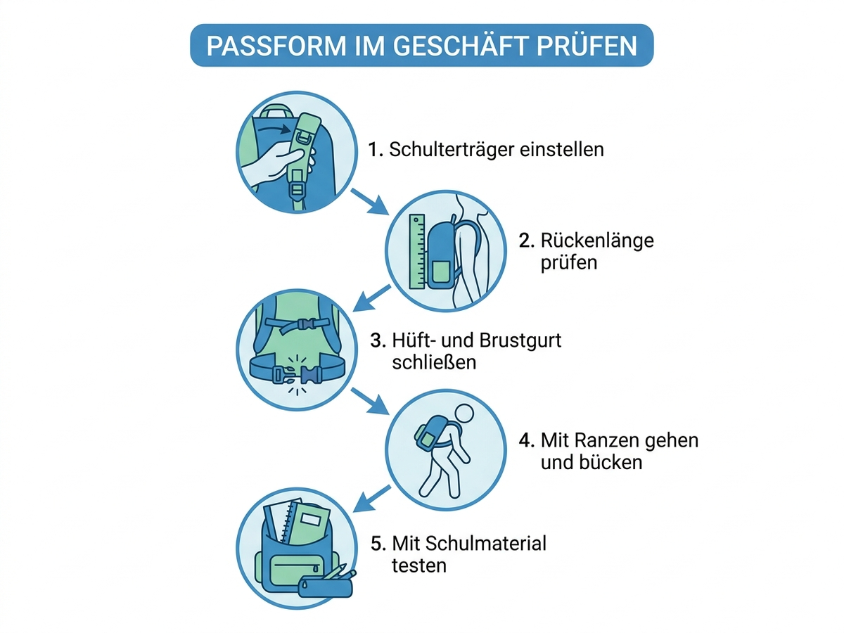 Diagramm: Schritt-für-Schritt-Anleitung zur Passform-Prüfung eines Schulranzens im Geschäft
