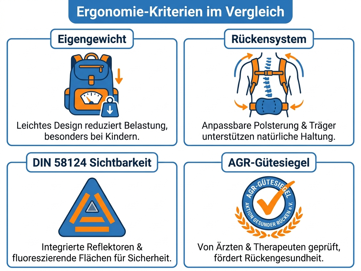 Infografik: Vier Ergonomie-Kriterien für Schulranzen – Gewicht, Rückensystem, DIN 58124 Sichtbarkeit, Passform-Wachstum
