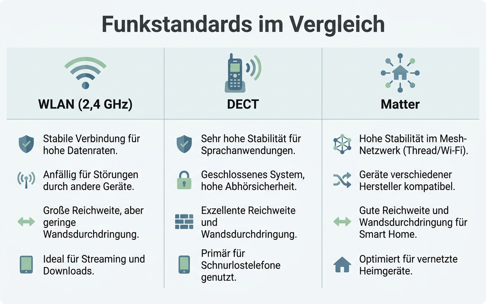 Vergleichsgrafik: WLAN, DECT und Matter im Vergleich für smarte Steckdosen