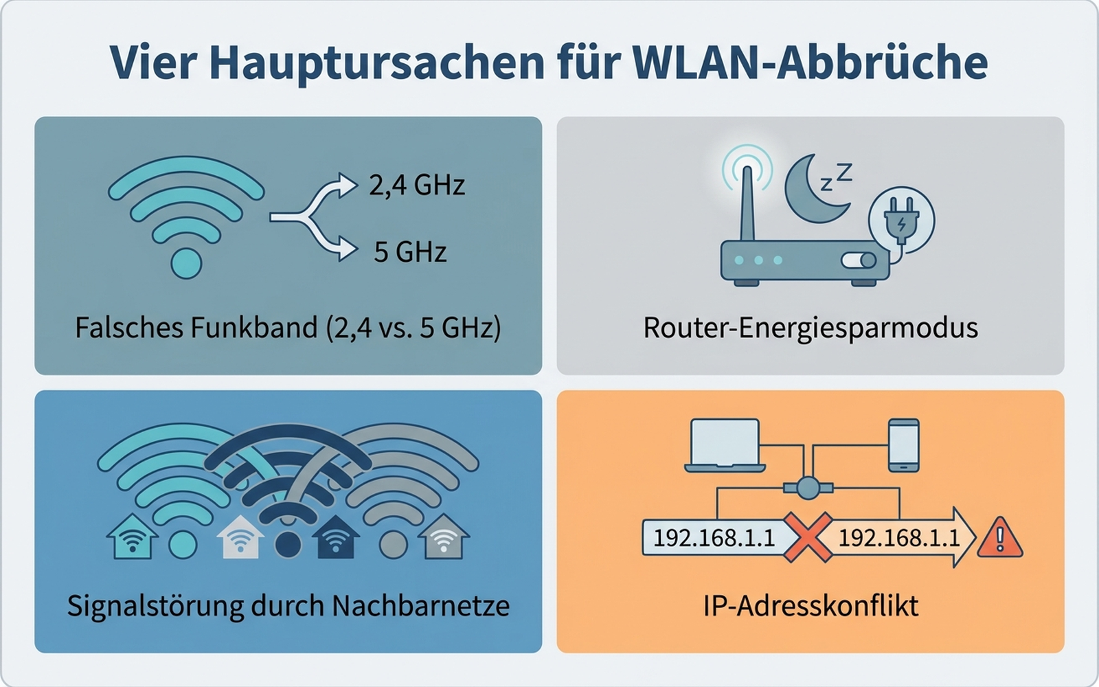 Infografik: Vier Hauptursachen für WLAN-Abbrüche bei smarten Steckdosen