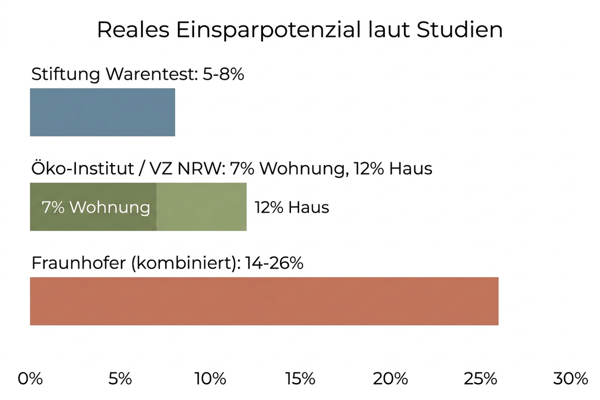 Balkendiagramm zum realen Einsparpotenzial laut Stiftung Warentest, Öko-Institut/Verbraucherzentrale NRW und Fraunhofer-Institut