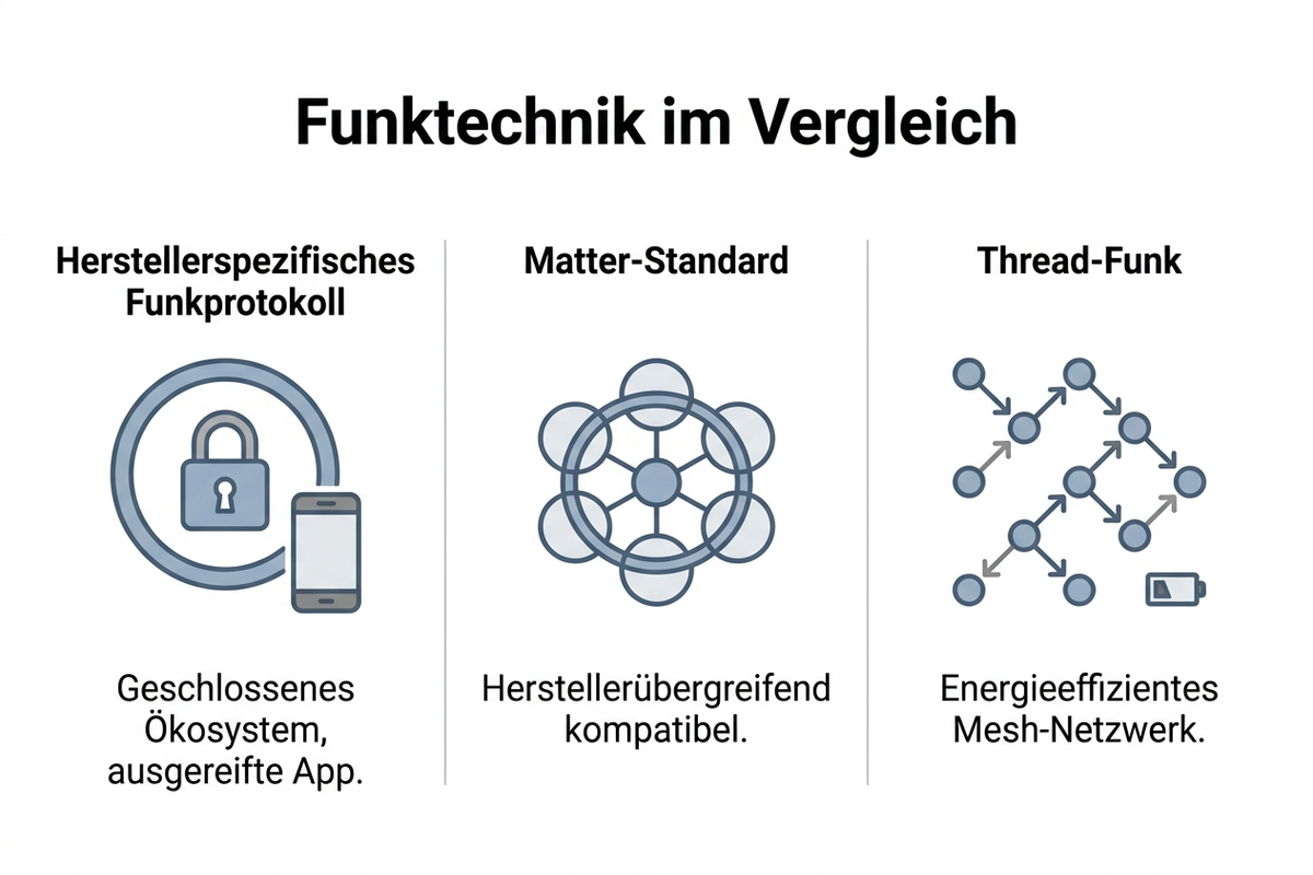 Vergleich der drei Funktechnik-Ansätze bei smarten Heizkörperthermostaten