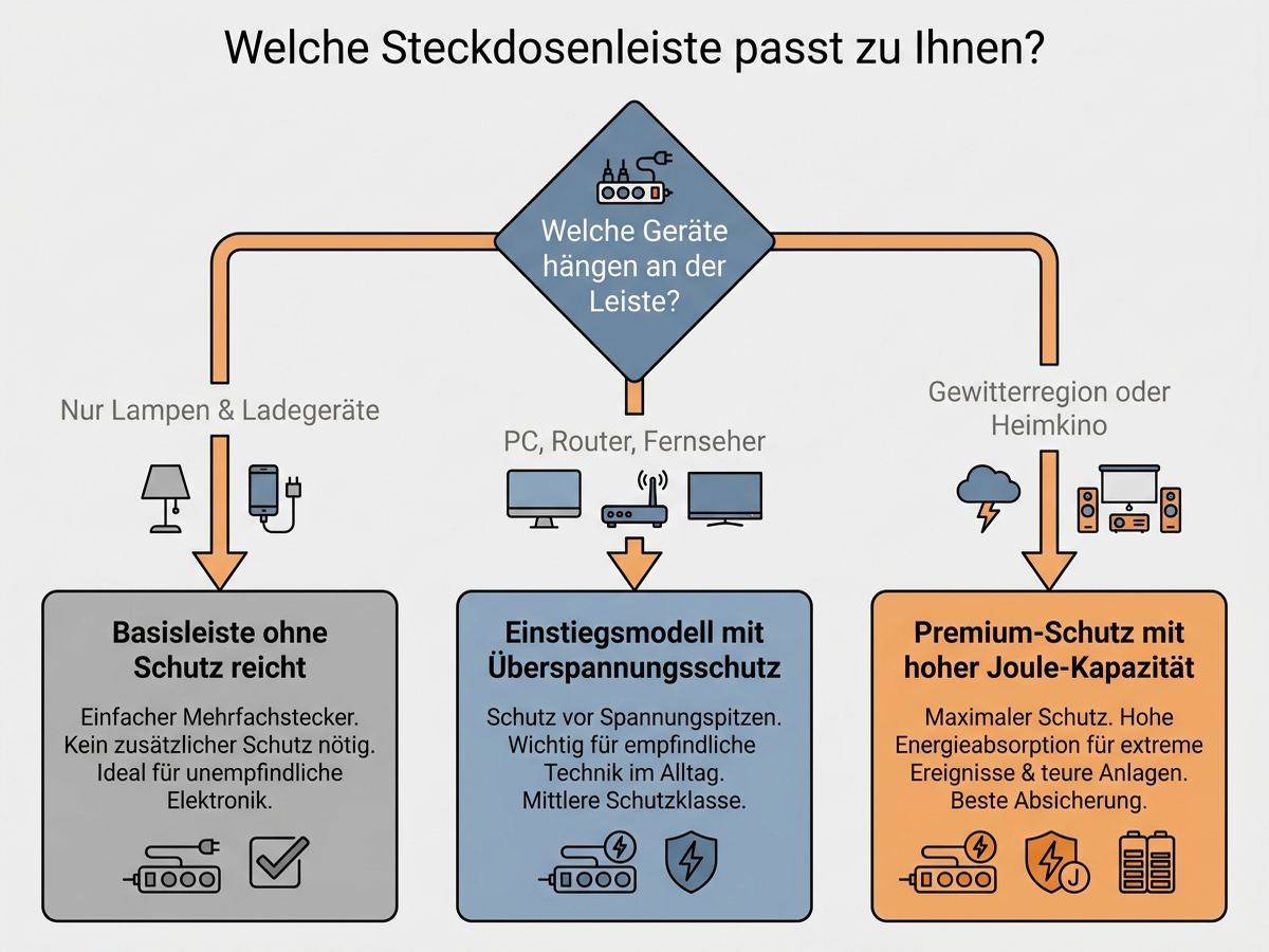 Entscheidungsbaum: Steckdosenleiste ohne Überspannungsschutz, mit Basis-Überspannungsschutz oder mit Premium-Überspannungsschutz je nach angeschlossenen Geräten