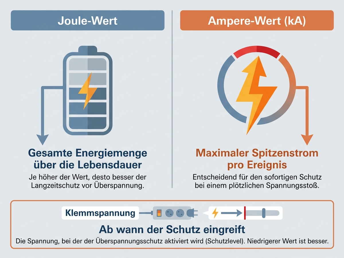 Infografik: Unterschied zwischen Joule-Angabe und Ampere-Angabe bei Überspannungsschutz-Steckdosenleisten