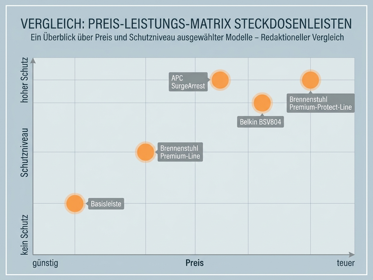 Preis-Leistungs-Matrix: Fünf Steckdosenleisten-Modelle nach Preis und Schutzniveau eingeordnet
