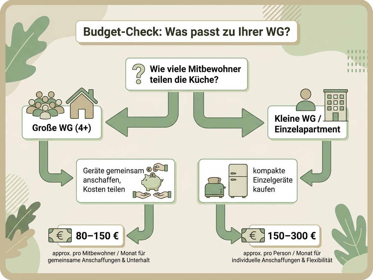 Infografik: Entscheidungsdiagramm zum Budget-Check je nach WG-Größe mit ungefähren monatlichen Kosten bei gemeinsamer oder einzelner Gerätenutzung