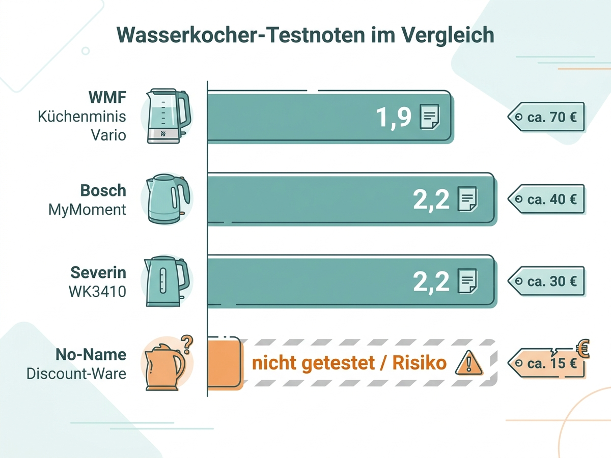 Infografik: Balkendiagramm mit Stiftung-Warentest-Noten für vier Wasserkocher-Marken samt ungefährem Preis