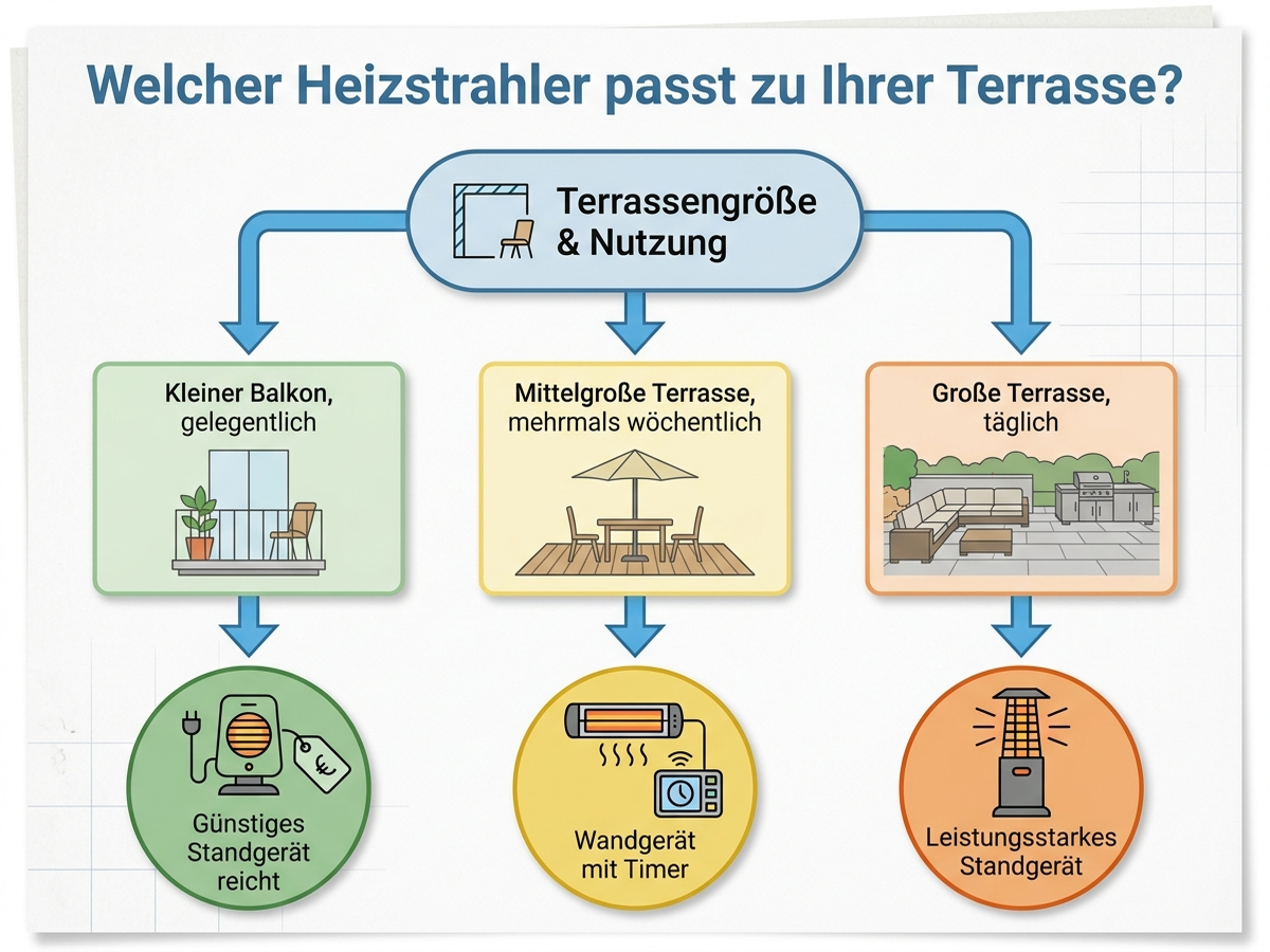 Entscheidungsbaum: Welcher Heizstrahler passt zu Terrassengröße und Nutzungshäufigkeit
