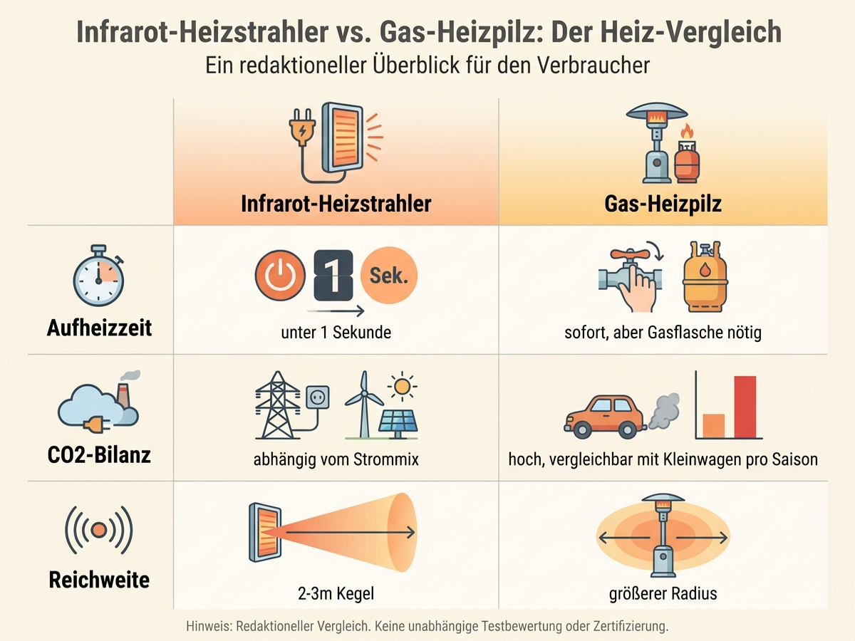 Infografik: Infrarot-Heizstrahler im Vergleich zu Gas-Heizpilz nach Aufheizzeit, CO2-Bilanz und Reichweite