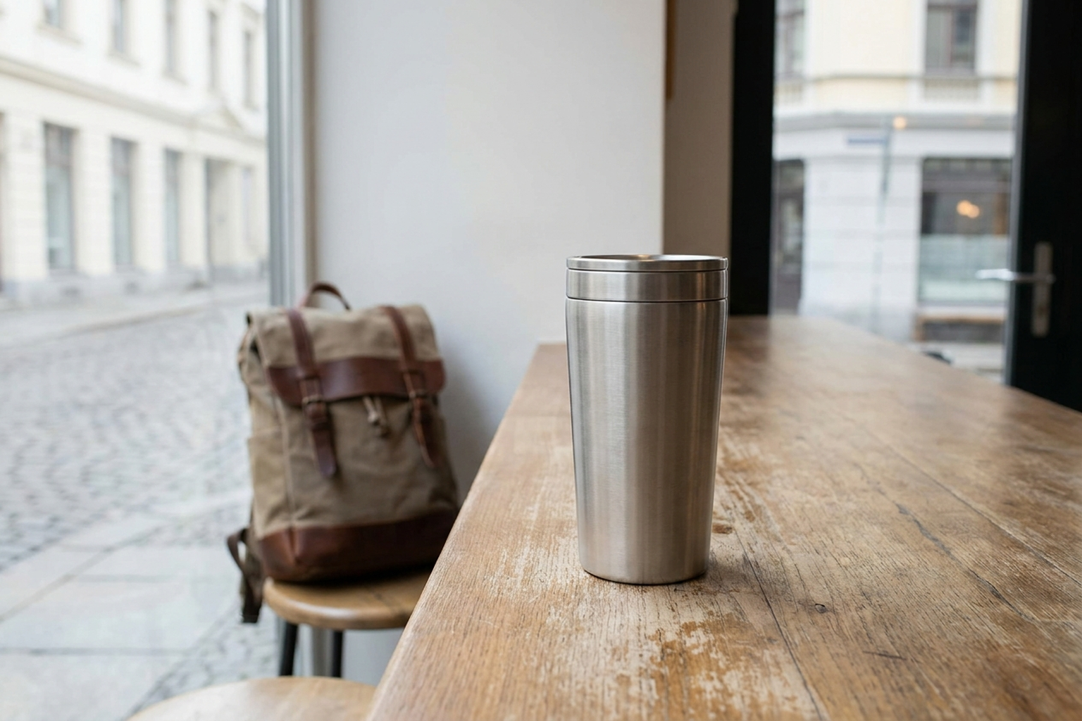 Thermobecher aus Edelstahl auf einem Tisch neben einer Tasche, Pendler-Kontext
