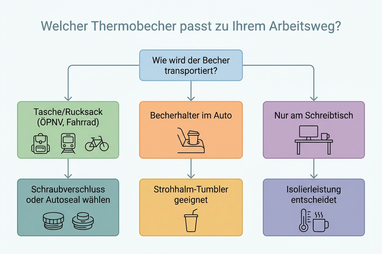 Entscheidungsbaum: Passender Thermobecher je nach Pendel-Situation – ÖPNV mit Tasche, Auto mit Becherhalter, reines Büro-Getränk