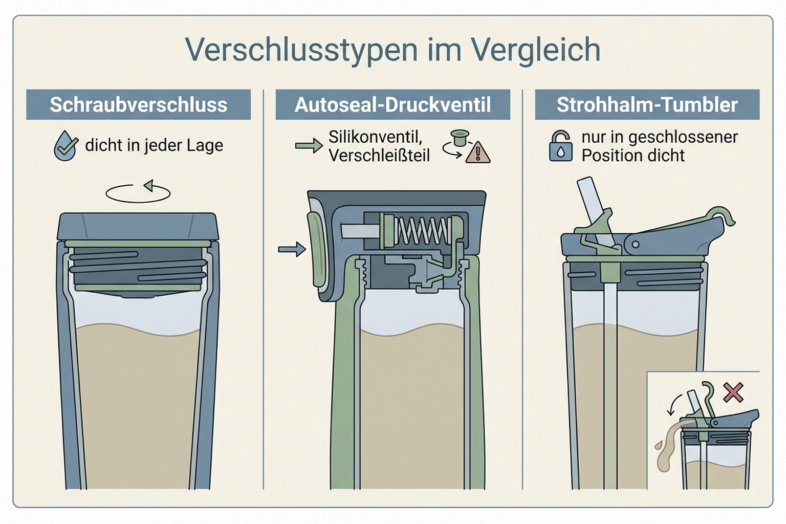 Infografik: Drei Thermobecher-Verschlusstypen im Vergleich – Schraubverschluss, Autoseal-Druckknopf, Strohhalm-Tumbler mit Kippgrad-Angaben