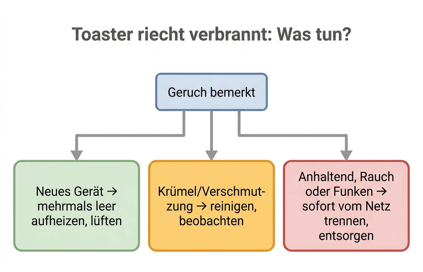 Entscheidungsbaum: Toaster riecht verbrannt – reinigen, beobachten oder entsorgen