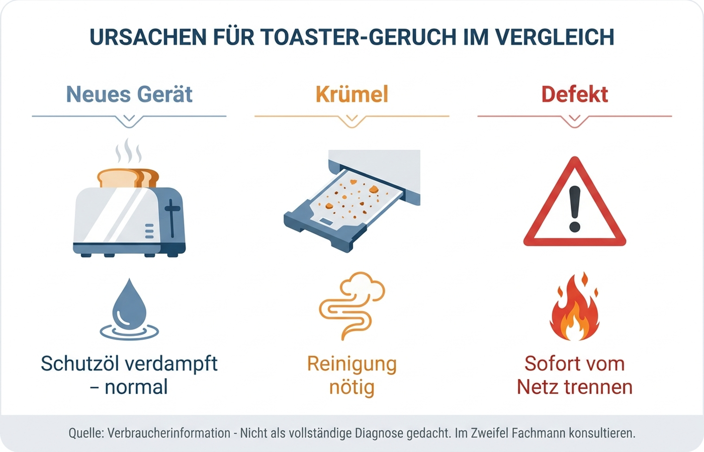 Infografik: Drei Ursachen für Geruch beim Toaster im Vergleich – neu, verschmutzt, defekt