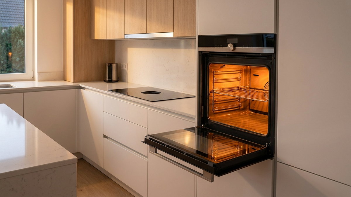 Moderner Einbaubackofen mit geöffneter Tür und warmem Licht in einer hellen Küche