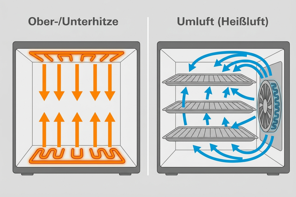 Infografik: Vergleich von Ober-/Unterhitze und Umluft mit Wärmeverteilung im Backofen