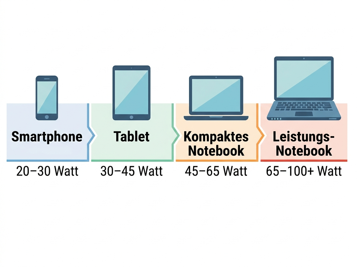 Anwendungsdiagramm: benötigter Wattbereich nach Gerätetyp – Smartphone 20 bis 30 Watt, Tablet 30 bis 45 Watt, kompaktes Notebook 45 bis 65 Watt, Leistungs-Notebook 65 bis 100 Watt und mehr