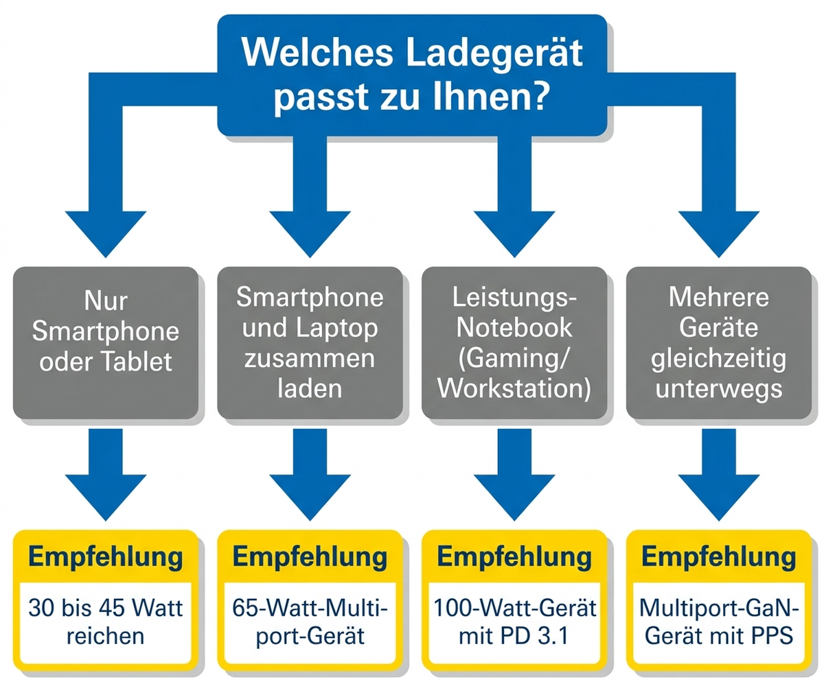 Entscheidungsbaum: Welches Ladegerät passt zu Ihnen – vier Nutzungsszenarien mit Empfehlung zwischen 30-Watt-Gerät, 65-Watt-Multiport-Gerät, 100-Watt-Gerät mit PD 3.1 und Multiport-GaN-Gerät mit PPS