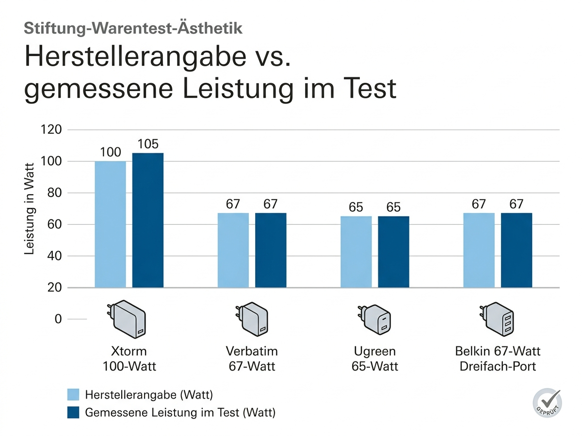 Balkendiagramm: Herstellerangabe in Watt im Vergleich zur im Test gemessenen Leistung für vier USB-C-Ladegeräte – Xtorm 100 Watt, Verbatim 67 Watt, Ugreen 65 Watt und Belkin 67 Watt Dreifach-Port