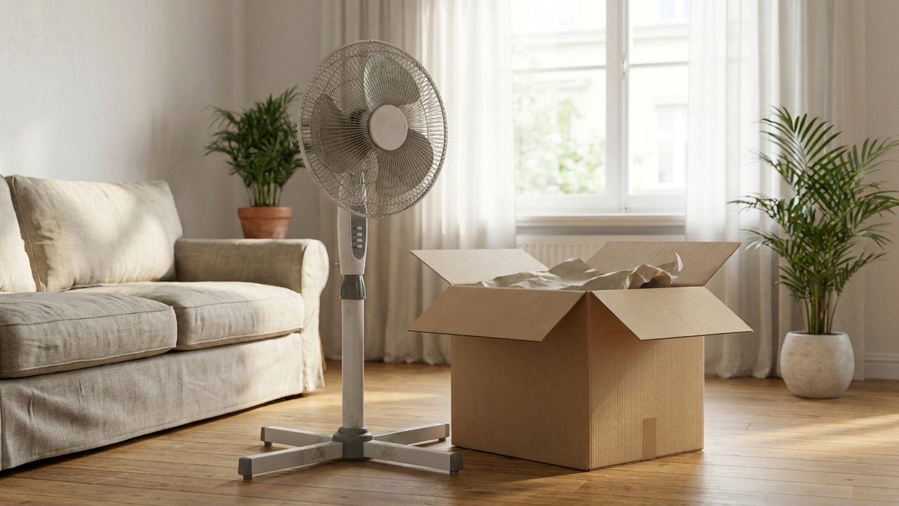 Älterer Standventilator neben einem geöffneten Karton in einem hellen Raum, sommerliches Tageslicht