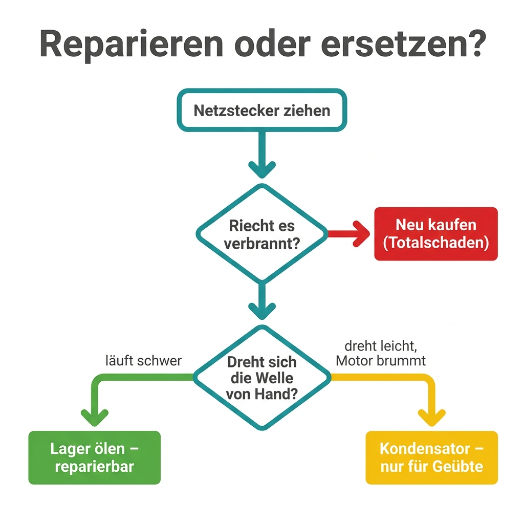 Entscheidungsbaum: Ventilator reparieren oder ersetzen? Mit den Verzweigungen Welle dreht sich – Brandgeruch – Kabelschaden – wirtschaftlicher Totalschaden, deutsche Beschriftungen